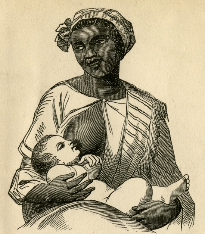 An enslaved woman nursing a white baby