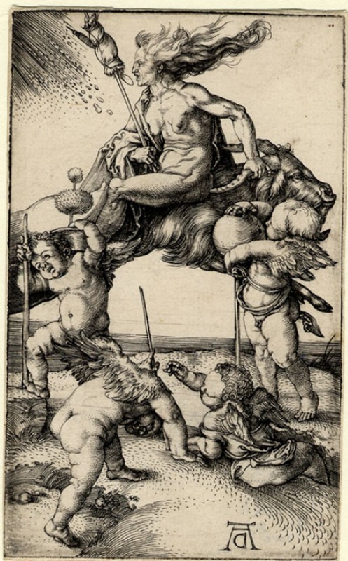A Witch Riding Backwards on a Goat, with Four Putti Carrying an Alchemist's Pot...
