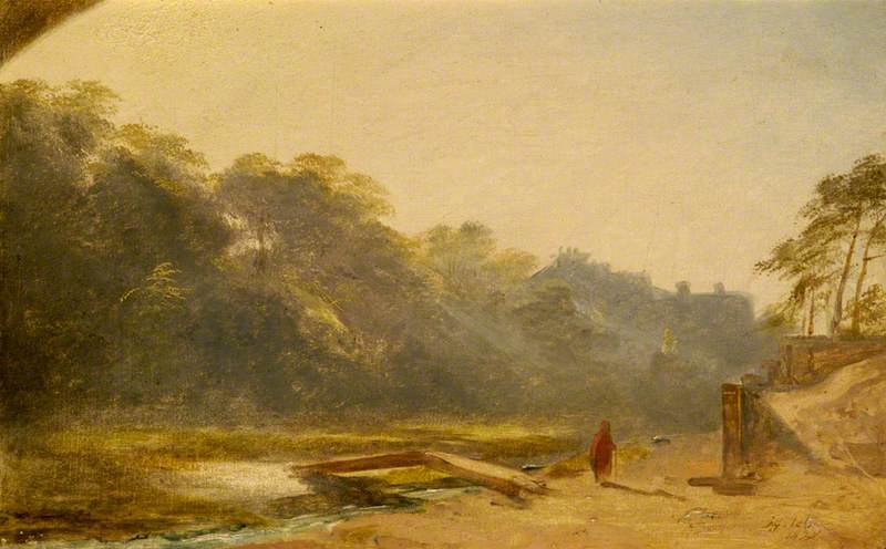 Sketch of a Figure Walking by a Stream