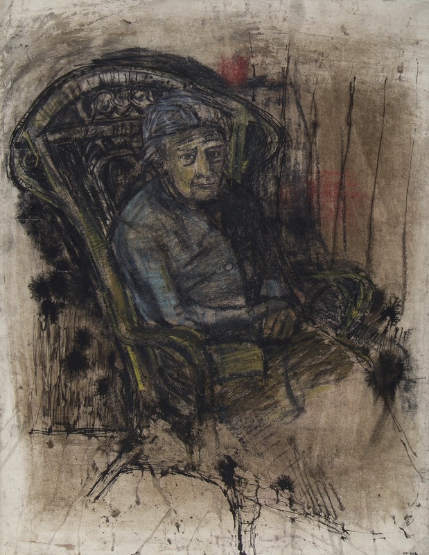 Woman in High Backed Wicker Arm Chair