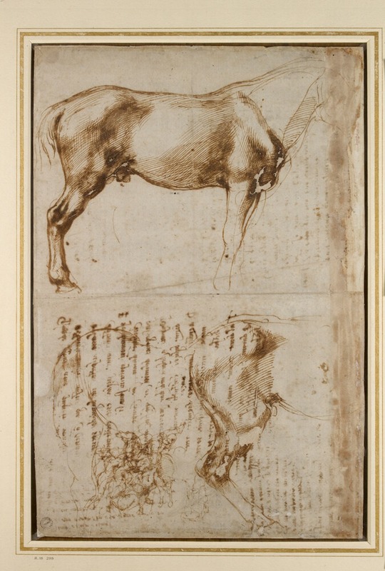 Recto: Studies of a Horse and of a Horseman attacking Foot-soldiers Verso: Five drafts of Poems