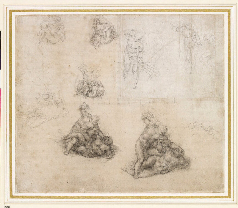 Recto: Studies for David and Goliath and for Christ in the Expulsion of the Merchants from the Temple Verso: Anatomical Study of a Leg, and very slight Figure Studies