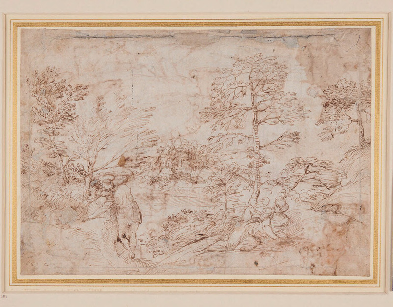 Recto: Landscape with figures
Verso: Studies of feet in different positions, and of a young man's head