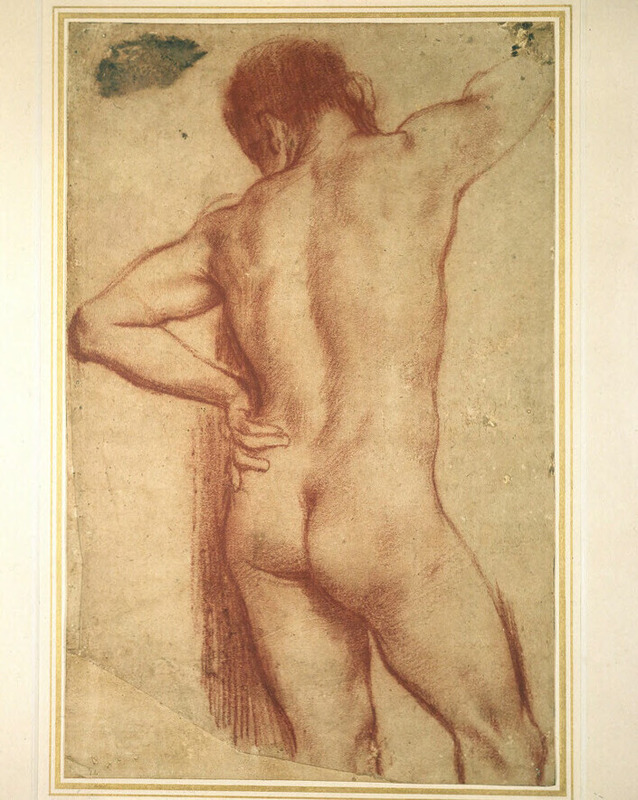 A nude man, standing, seen from behind