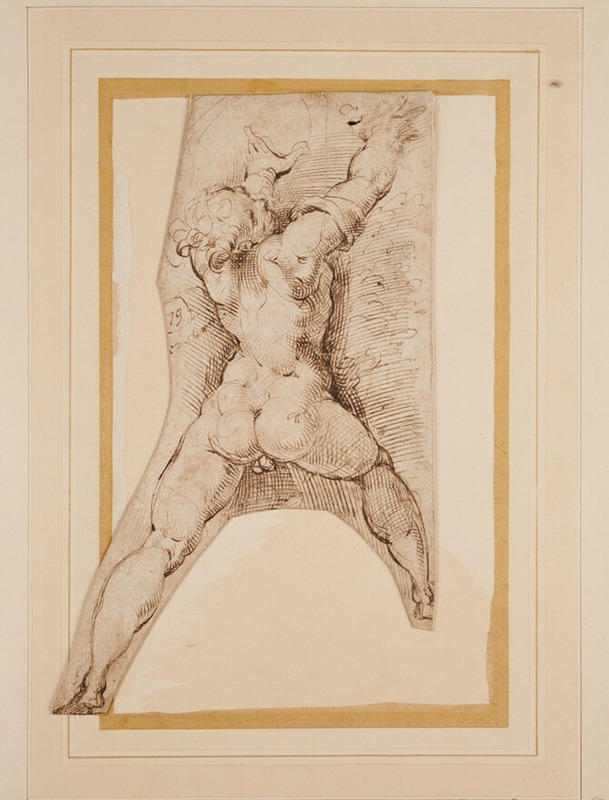 Nude male figure in violent action, seen from behind