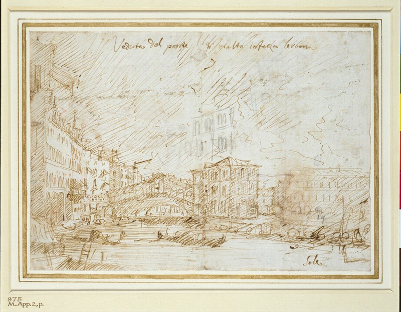 Recto: The Rialto Bridge in Venice
Verso: Various figure and architectural studies