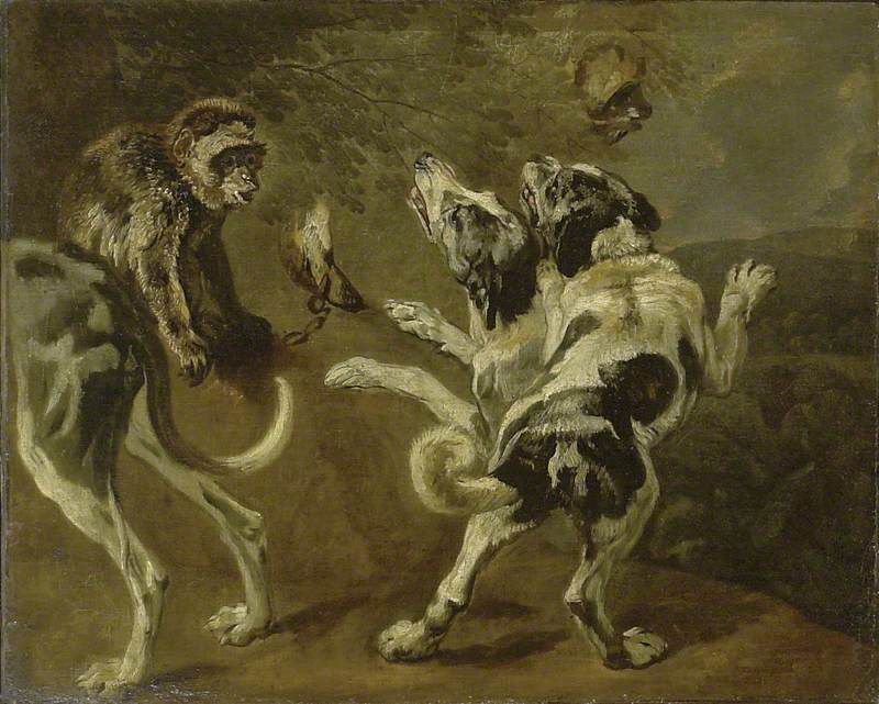 Study of Dogs and a Monkey on the Edge of a Wood