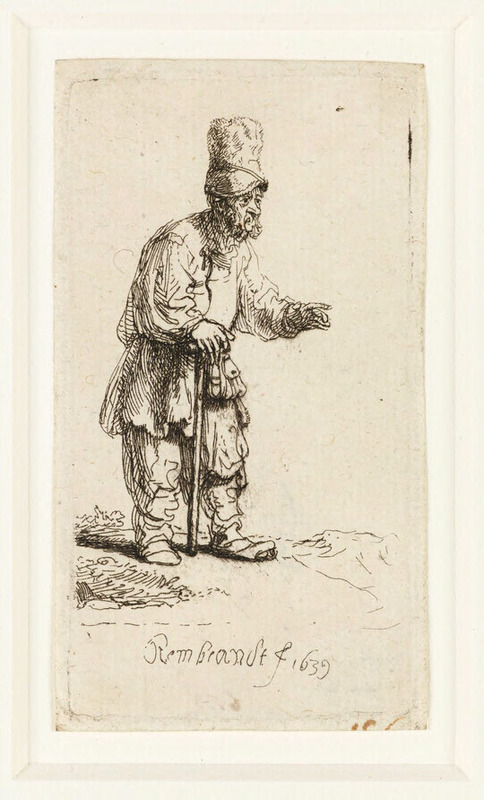 A Peasant in a high Cap, standing leaning on a Stick