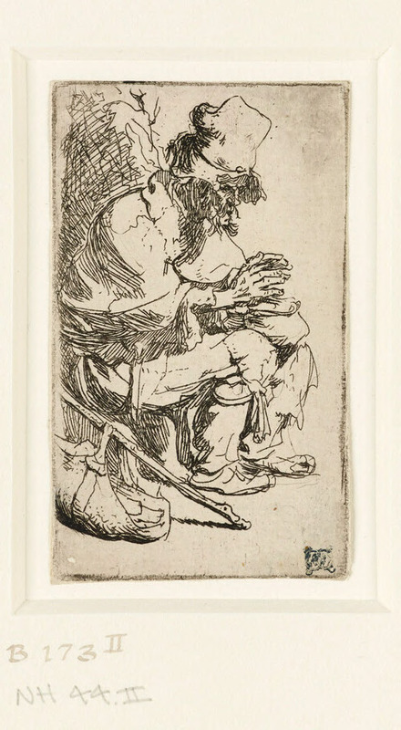 Beggar seated warming his Hands at a chafing Dish
