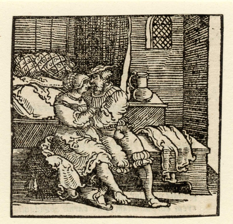 Spinneloccio locked up in a chest, on which his wife and Zeppa are seated
