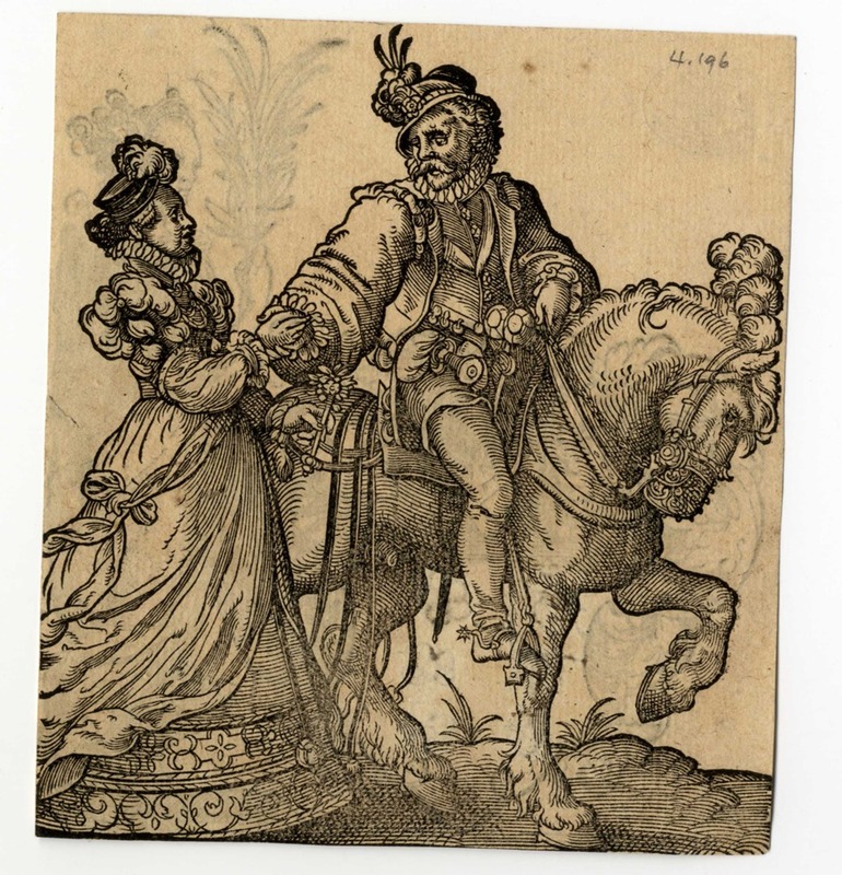 Recto: A Mounted Gentleman Holding a Lady's Hand
Verso: A Woman with a Branch and a Blank Escutcheon