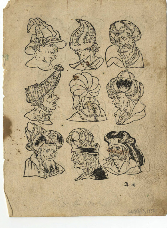 Recto: Nine men's headdresses
Verso: Nine men's headdresses
