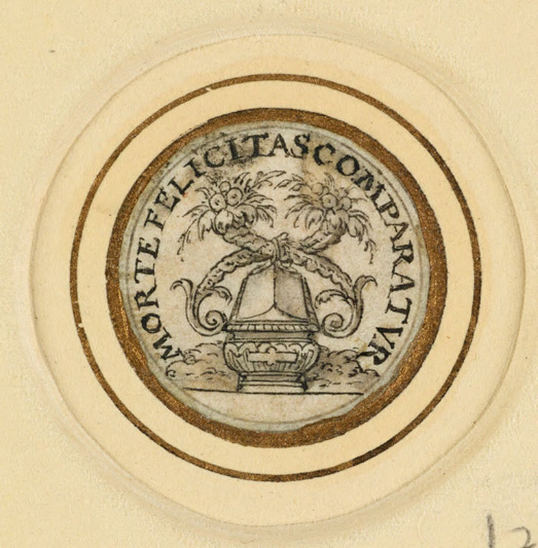 Design for a jetton of Charles IX: A roundel enclosing two abundant cornucopiae over a sarcophagus