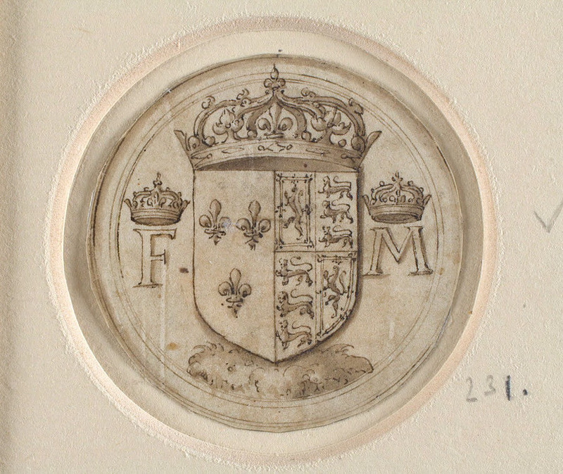 Design for a medal: A roundel with a border of double outer lines and double inner lines enclosing a shield emblazoned with three fleur-de-lis, with the letters F and M, both surmounted with a crown