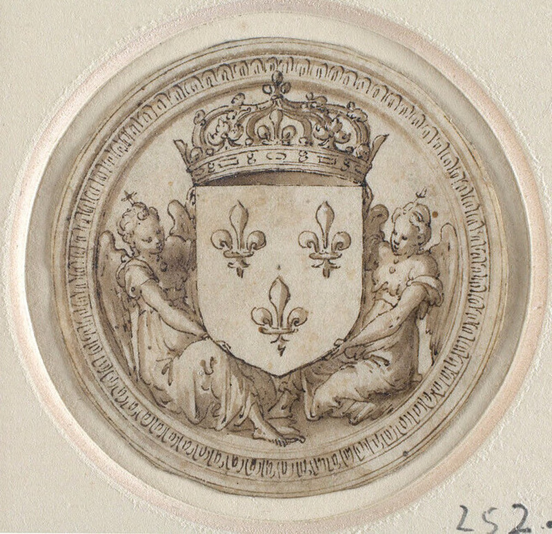 Design for a seal: A roundel enclosing a shield emblazoned with three fleurs-de-lis, surmounted by a closed crown and supported by two Angels