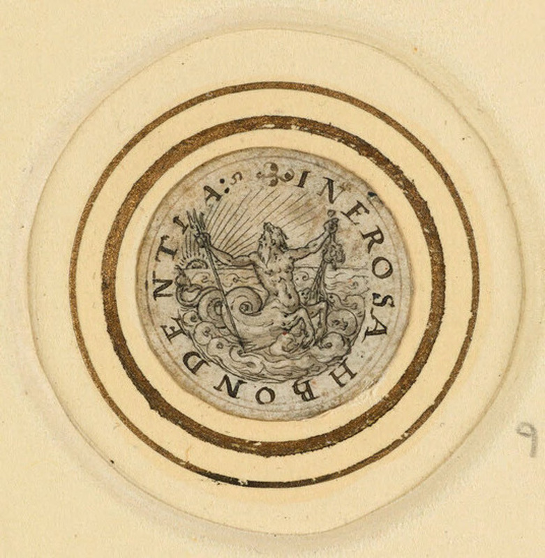 Design for a personal jetton: A roundel enclosing a bearded Triton at sea holding a fishing net