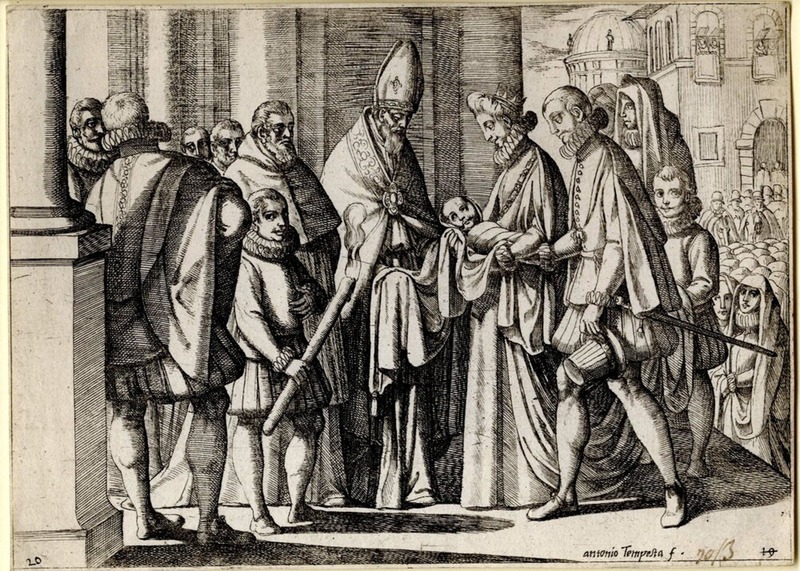 Margaret of Austria holding her son, with Philip III standing in front, accompanied by several courtiers