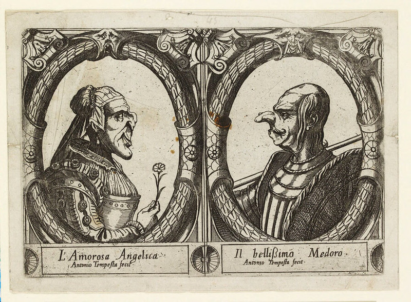 Angelica and Medoro, seen in profile, portrayed in a grotesque manner