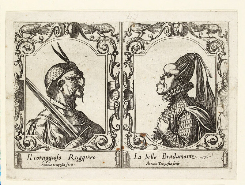 Ruggiero and Bradamante, seen in profile, portrayed in a grotesque manner