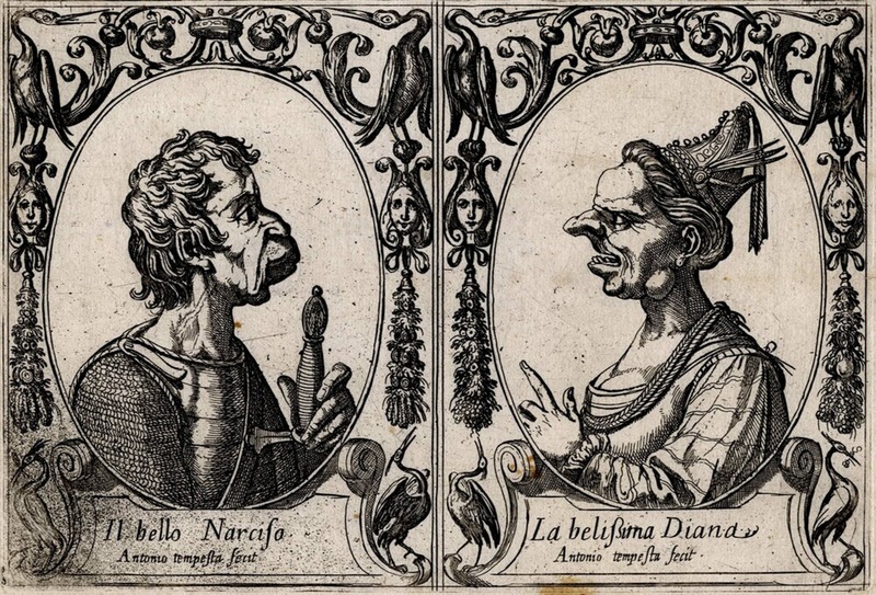 Narcissus and Diana, seen in profile, portrayed in a grotesque manner
