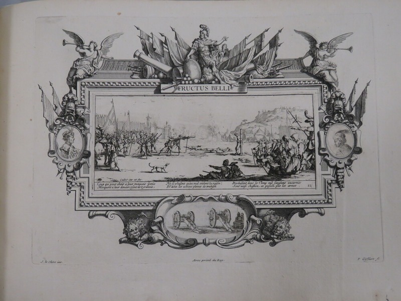 Plate 12: Central scene showing a firing squad, surrounded by an elaborate cartouche, with additional vignette showing two cannons mounted on gun carriers