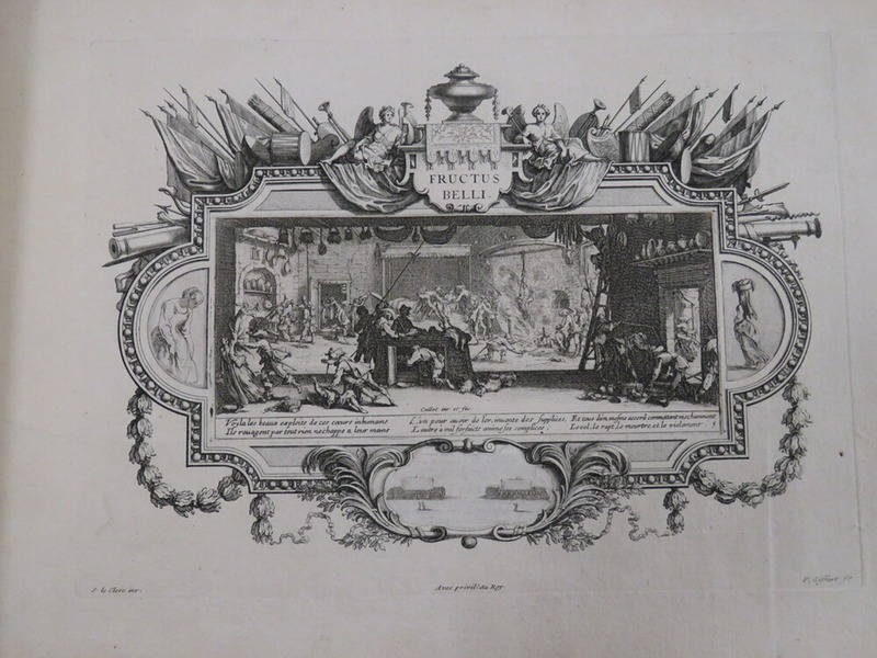 Plate 5: Central scene showing the pillage of a farm house, surrounded by an elaborate cartouche, with additional vignette of an image which suggests, on either side, two palisades surrounded by soldiers with raised spears, with, in the foreground, a figure with a gun apparently firing at two figures to the left