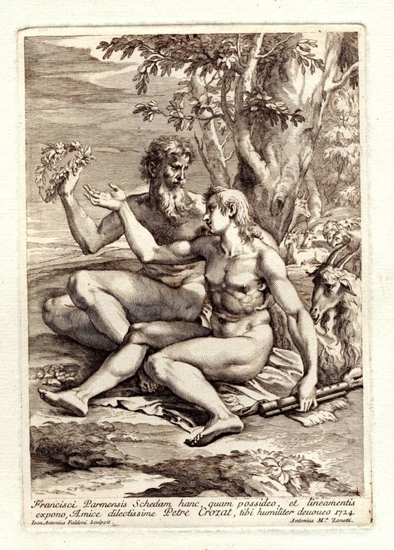 Two naked shepherds leaning against a tree