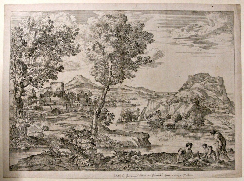Landscape with a man standing beside two seated men in right foreground, before a river that winds to the sea