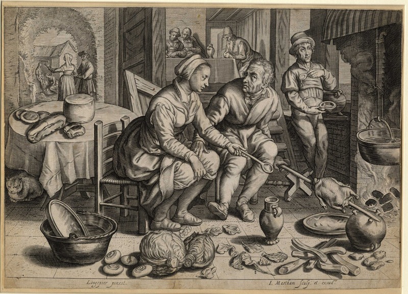 Kitchen scene with man and woman roasting a chicken
