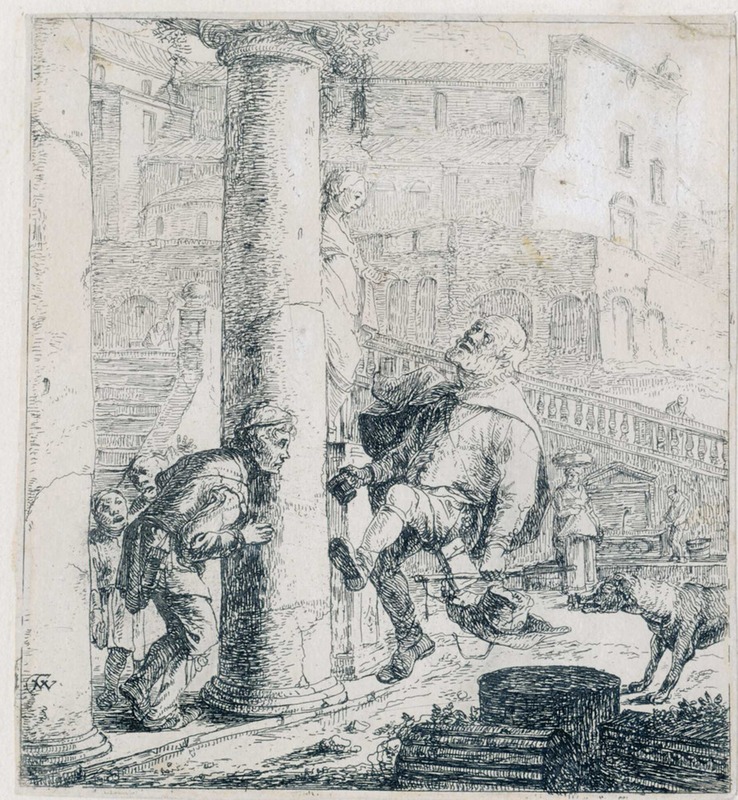 The blind beggar bumping a pillar