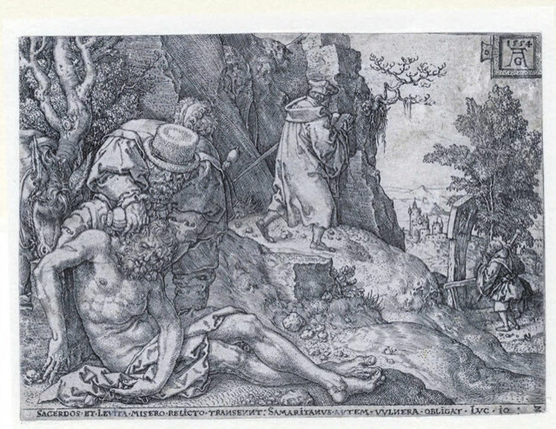 The Good Samaritan tending to the traveller's wounds
