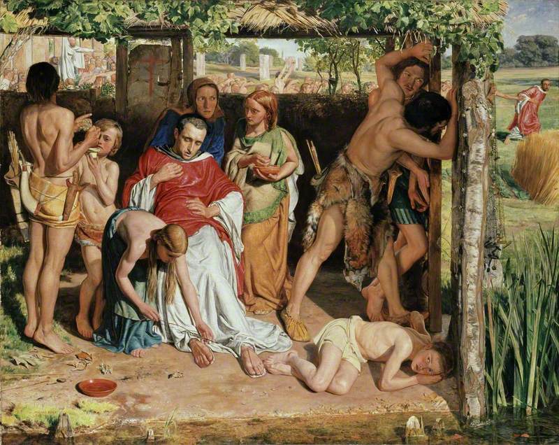 A converted British Family sheltering a Christian Missionary from the Persecution of the Druids
