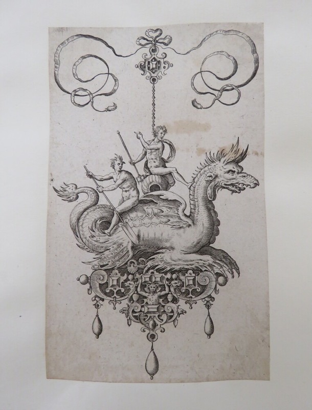 Pedant design with Neptune sitting a vase next to a man holding an oar, all resting on the back of a sea monster with grotesque strapwork below, with ribbon design, from Douce Ornament prints Album I