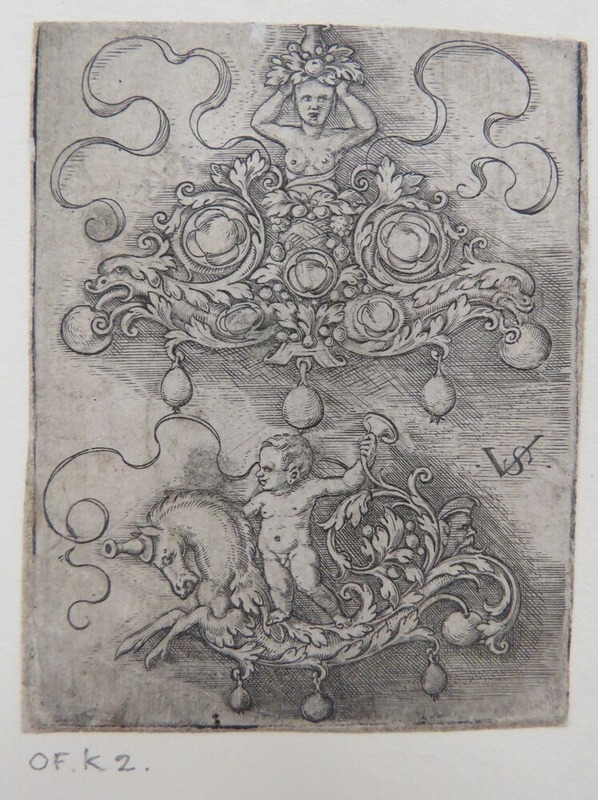 Two pendant designs, top design with bust of woman in centre of rinceaux foliage and inset gems, lower design of putto standing on back of hippocampus, from Douce Ornament Prints Album I