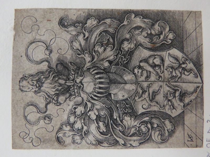 Coat of arms with a greyhound, a bear, a stag, and a fox surmounted by a helmet with a lion with a double tail sitting on a crown surrounded by rinceaux foliage, from Douce Ornament Prints Album I