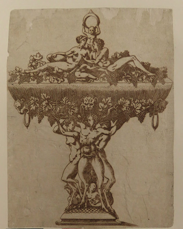 Design for object in metalwork, a dish decorated with grapes, supported by three satyrs, with lid surmounted by a couple reclining among grapes, from Douce Ornament Prints Album II