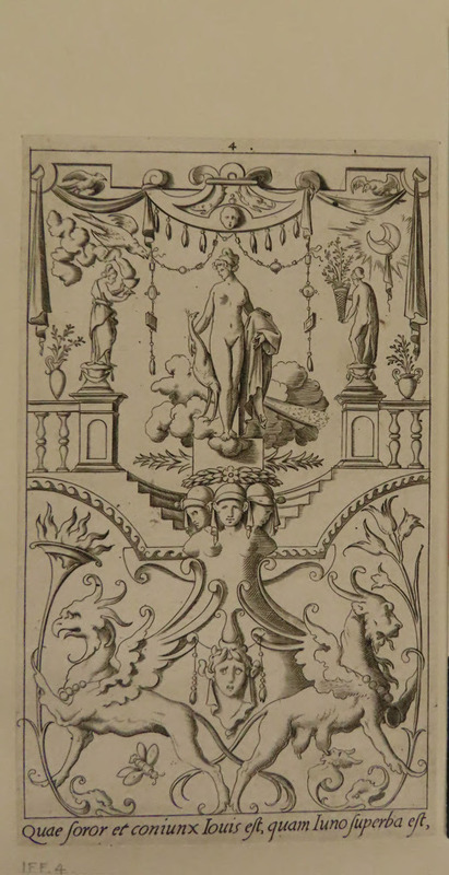 Plate 4: Juno standing on a pedestal with a peacock, surrounded by grotesques with mask, statues, birds, moon and winged creatures, from Douce Ornament Prints Album II