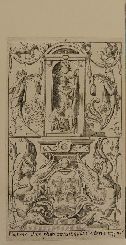 Plate 7: Pluto holding a two-pronged fork in a niche, with Cerberus at his feet, flanked by half-satyr, half-plant, cupids in top corners and a cartouche at bottom, from Douce Ornament Prints Album II