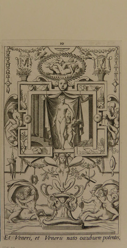 Plate 10: Venus and Cupid within a rectangular frame, a winged creature on a pedestal between centaurs carrying women, from Douce Ornament Prints Album II