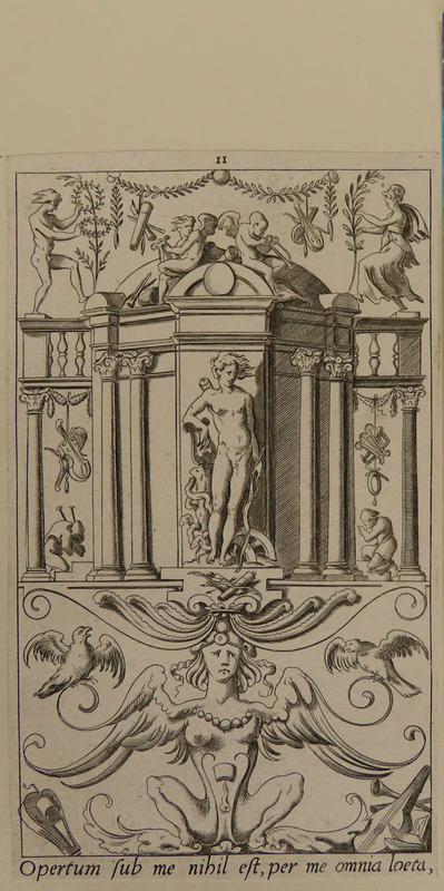 Plate 11: Apollo standing in front of a temple with his lyrem musician putti on the roof of the temple, a female satyr squatting with violins below, from Douce Ornament Prints Album II