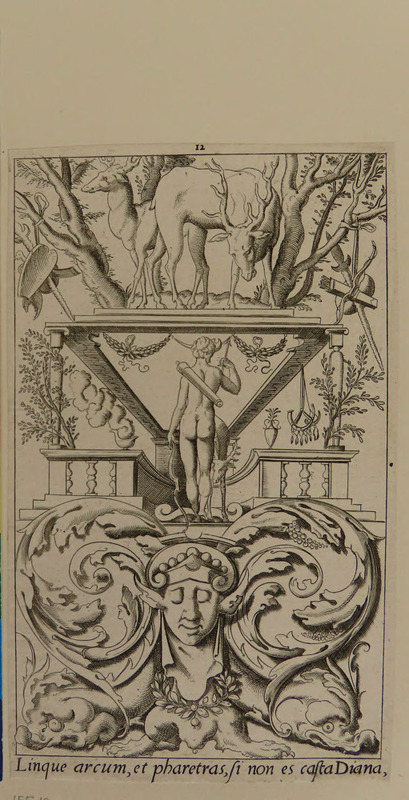 Plate 12: Diana holding bow and arrow, seen from behind, a deer by her side, surrounded by an ornamental structure with trees and a stag, a sphinx below, from Douce Ornament Prints Album II