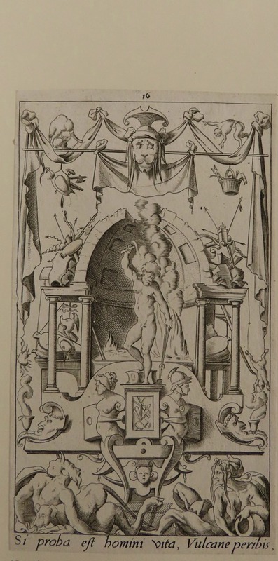 Plate 16: Vulcan holding a hammer and tongs in front of a furnace, within a niche, two old satyrs, male and female, lying with a dog at bottom, from Douce Ornament Prints Album II