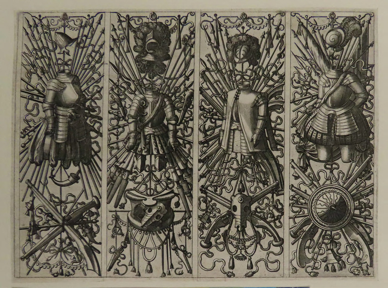 Plate 9: Four trophies of weapons, armours and helmets, from Douce Ornament Prints Album II