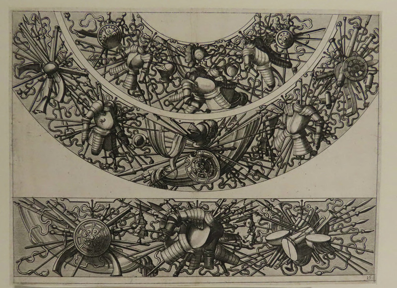 Plate 16: Two curved friezes and a straight frieze of trophies consisting of breastplates, shields and various spears, from Douce Ornament Prints Album II
