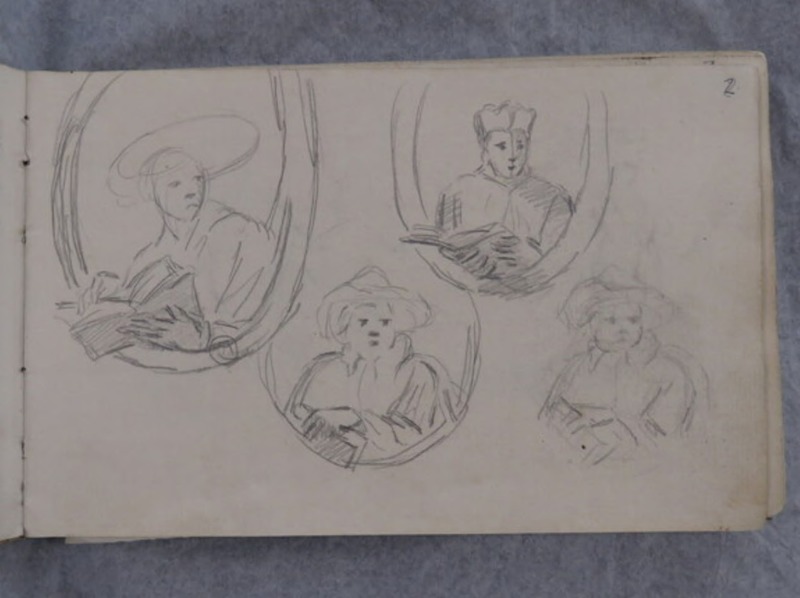 Recto: four oval studies of men, perhaps cardinals, holding books Verso: study of a kneeling girl and a sketchy copy of the portrait of Daniele Barbaro by Veronese, Palazzo Pitti, Florence