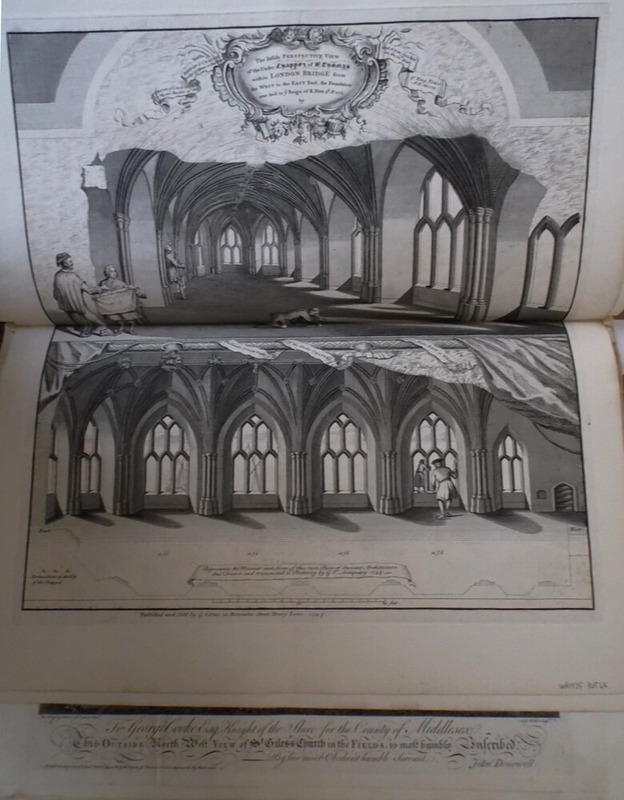The inside perspective view of the Under Chappel of St Thomas within London Bridge from the west to the east end