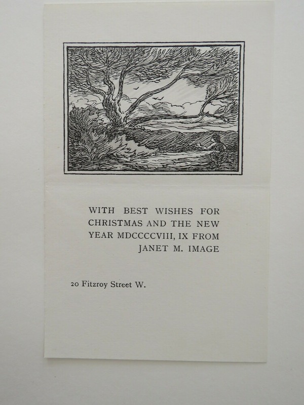 Christmas card for Janet Image 1908: kneeling figure with outstretched hand in front of a large tree in a wind-swept landscape