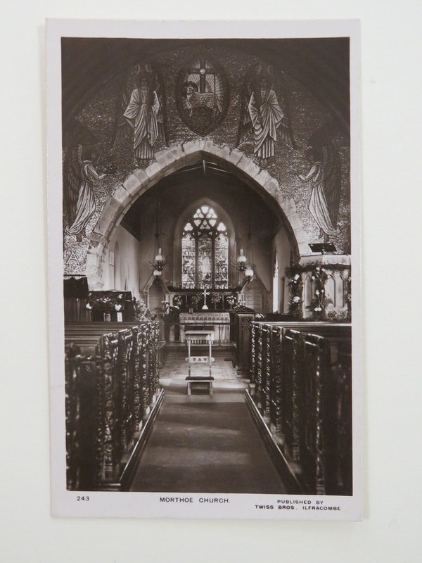 St Mary's Church, Mortehoe: photograph of interior showing chancel-arch mosaic and archangel window, both designed by Image