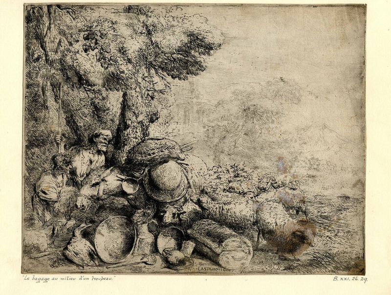 Flock of sheep surrounding a laden donkey