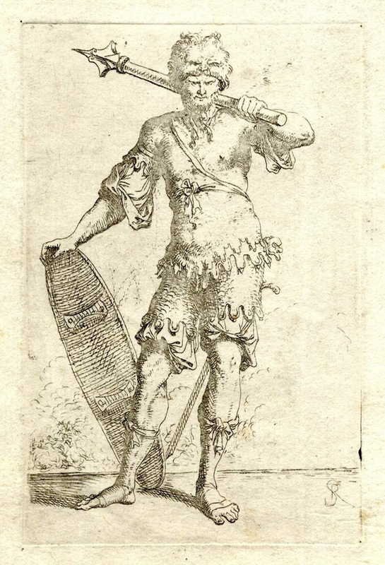 Standing figure of a soldier holding arms and a shield
